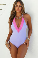 Load image into Gallery viewer, Lolita Lilac V-Neck Pink Edge Lace Halter One Piece Swimsuit