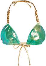 Load image into Gallery viewer, Blue Green Tie Dye Shimmer Triangle Bikini On a Chain Top