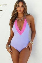 Load image into Gallery viewer, Lolita Lilac V-Neck Pink Edge Lace Halter One Piece Swimsuit
