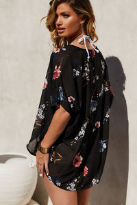 Sea Breeze Black Chiffon Floral Kimono Beach Cover Up