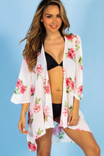 Load image into Gallery viewer, Royal Hawaiian Ivory &amp; Coral Floral Print Bell Sleeve Chiffon Kimono Cover Up
