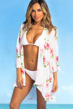 Load image into Gallery viewer, Royal Hawaiian Ivory &amp; Coral Floral Print Bell Sleeve Chiffon Kimono Cover Up
