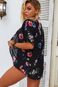 Sea Breeze Black Chiffon Floral Kimono Beach Cover Up