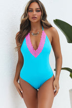 Load image into Gallery viewer, Lolita Aqua V-Neck Neon Pink Edge Lace Halter One Piece Swimsuit
