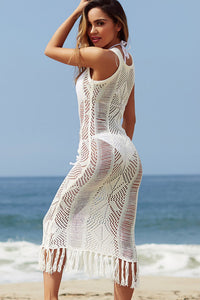 Chianti White Fringed Crochet Maxi Beach Dress Cover Up