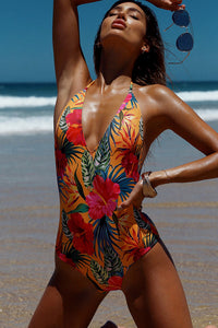 Lolita Sunset Tropical V Neck Halter One Piece Swimsuit