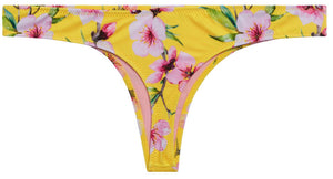 Yellow Cherry Blossom Print Banded Brazilian Thong Bikini Bottoms