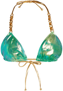 Blue Green Tie Dye Shimmer Triangle Bikini On a Chain Top