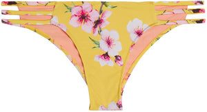 Yellow Cherry Blossom Triple Strap Classic Scrunch Bikini Bottom