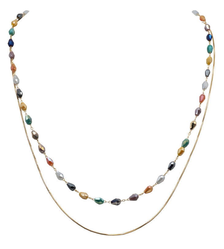 Color Stone Bead Double Chain Necklace