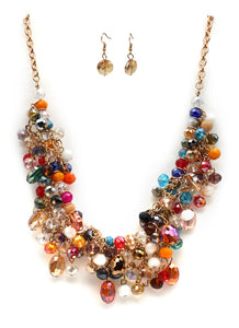 Rainbow Crystal Beaded Cluster Necklace & Matching Earring Set